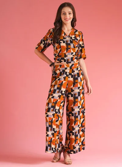 globus Globus Women Abstract Wrap Neck Tie Back Top With Palazzos Co-Ord Set